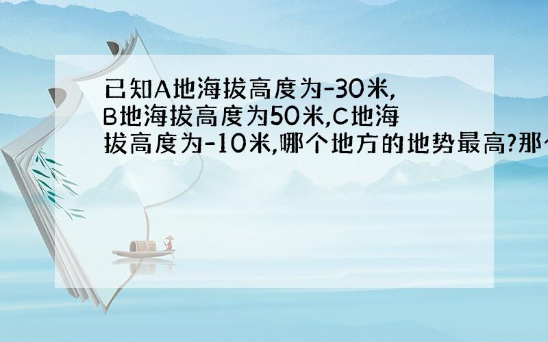 已知A地海拔高度为-30米,B地海拔高度为50米,C地海拔高度为-10米,哪个地方的地势最高?那个地方的地势