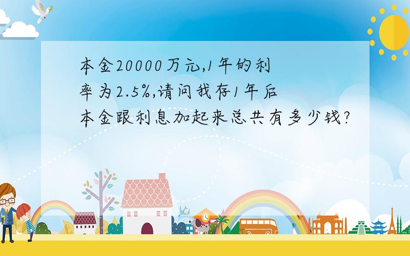 本金20000万元,1年的利率为2.5%,请问我存1年后本金跟利息加起来总共有多少钱?