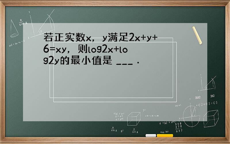 若正实数x，y满足2x+y+6=xy，则log2x+log2y的最小值是 ___ ．