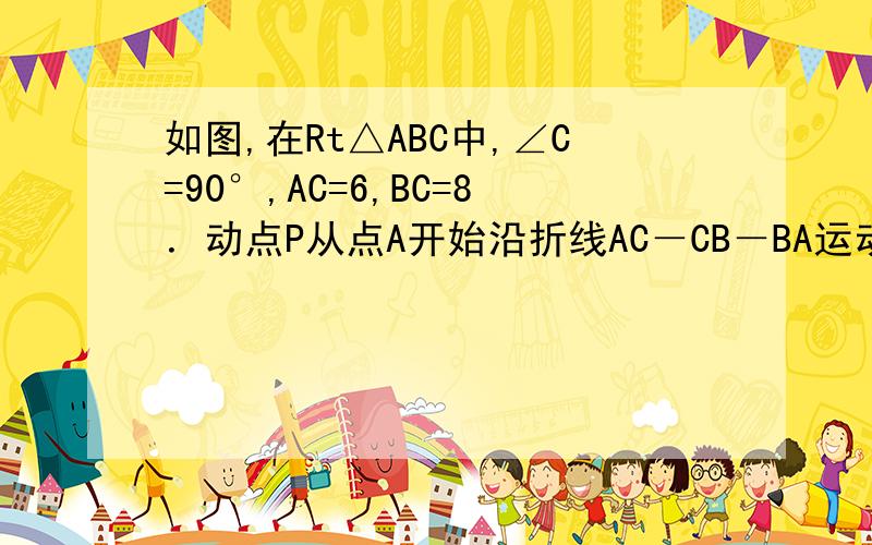 如图,在Rt△ABC中,∠C=90°,AC=6,BC=8．动点P从点A开始沿折线AC－CB－BA运动