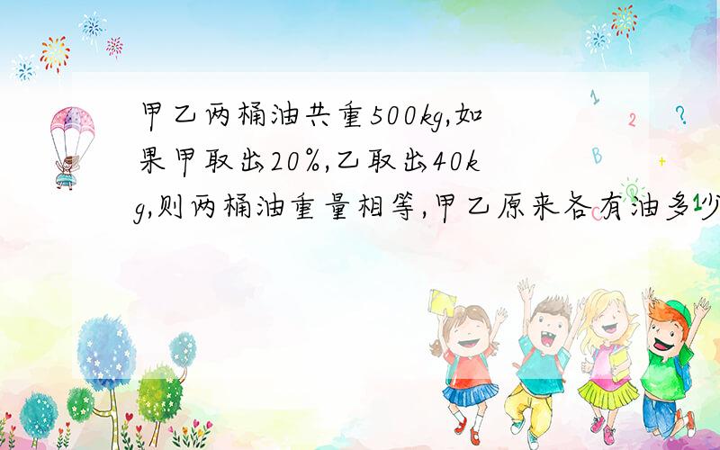 甲乙两桶油共重500kg,如果甲取出20%,乙取出40kg,则两桶油重量相等,甲乙原来各有油多少kg?