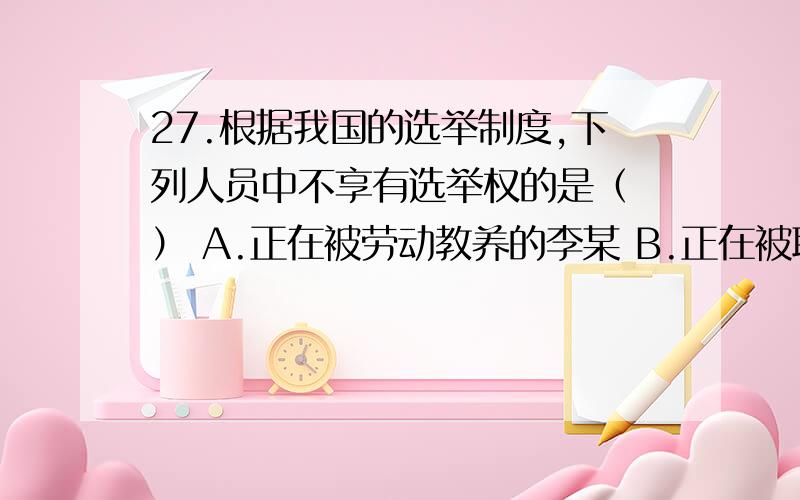 27.根据我国的选举制度,下列人员中不享有选举权的是（ ） A.正在被劳动教养的李某 B.正在被取保候审的