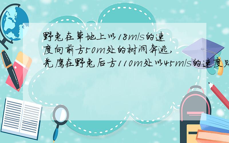 野兔在草地上以18m/s的速度向前方50m处的树洞奔逃,秃鹰在野兔后方110m处以45m/s的速度贴着地面飞行追击野