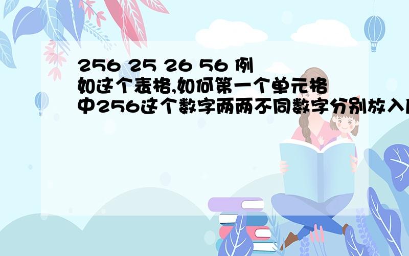 256 25 26 56 例如这个表格,如何第一个单元格中256这个数字两两不同数字分别放入后边的三个单元格中