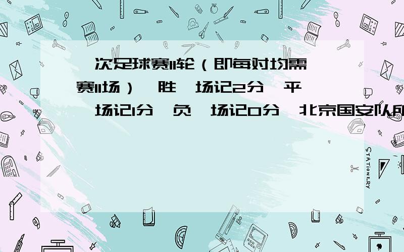 一次足球赛11轮（即每对均需赛11场）,胜一场记2分,平一场记1分,负一场记0分,北京国安队所负场数是所胜