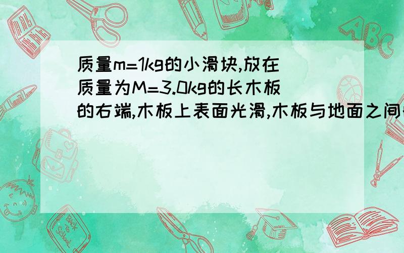 质量m=1kg的小滑块,放在质量为M=3.0kg的长木板的右端,木板上表面光滑,木板与地面之间的动摩擦因数为μ=