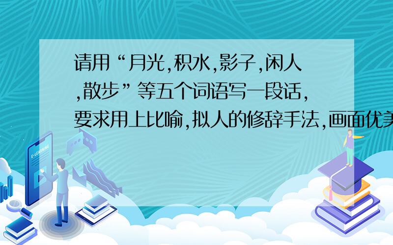 请用“月光,积水,影子,闲人,散步”等五个词语写一段话,要求用上比喻,拟人的修辞手法,画面优美（100字左右）