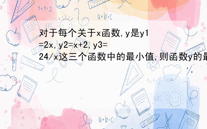 对于每个关于x函数,y是y1=2x,y2=x+2,y3=24/x这三个函数中的最小值,则函数y的最大值是