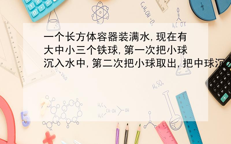 一个长方体容器装满水,现在有大中小三个铁球,第一次把小球沉入水中,第二次把小球取出,把中球沉入水中