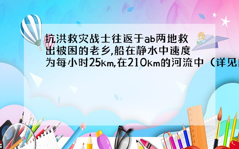 抗洪救灾战士往返于ab两地救出被困的老乡,船在静水中速度为每小时25km,在210km的河流中（详见问题补充