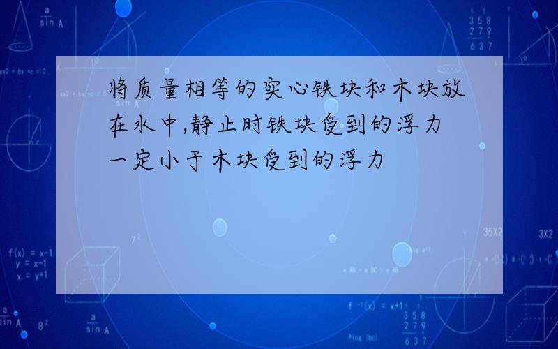 将质量相等的实心铁块和木块放在水中,静止时铁块受到的浮力一定小于木块受到的浮力