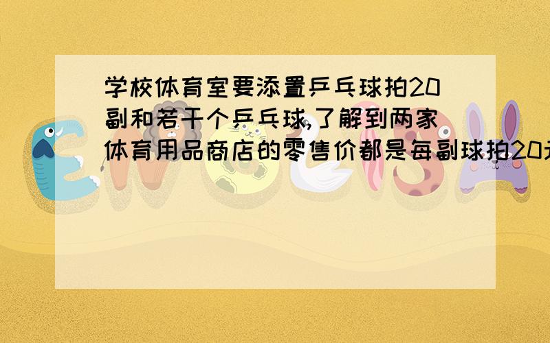 学校体育室要添置乒乓球拍20副和若干个乒乓球,了解到两家体育用品商店的零售价都是每副球拍20元,每个乒