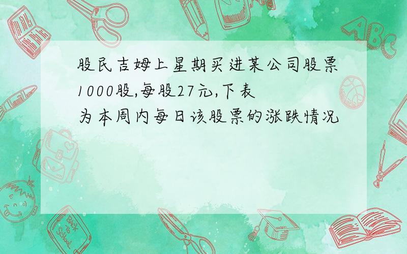 股民吉姆上星期买进某公司股票1000股,每股27元,下表为本周内每日该股票的涨跌情况