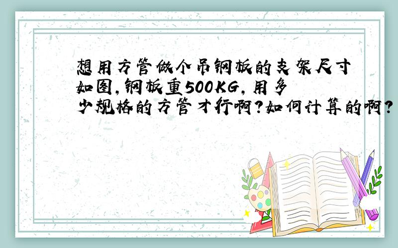 想用方管做个吊钢板的支架尺寸如图,钢板重500KG,用多少规格的方管才行啊?如何计算的啊?