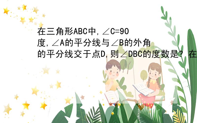 在三角形ABC中,∠C=90度,∠A的平分线与∠B的外角的平分线交于点D,则∠DBC的度数是? 在线等巨急!