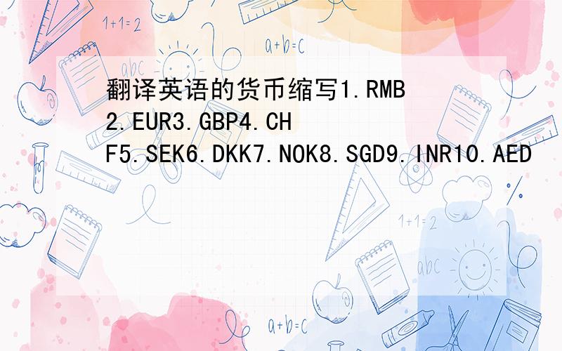 翻译英语的货币缩写1.RMB2.EUR3.GBP4.CHF5.SEK6.DKK7.NOK8.SGD9.INR10.AED