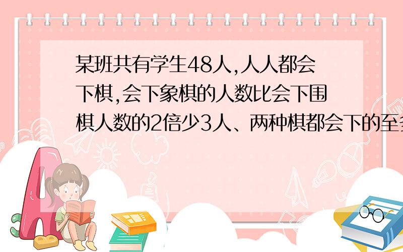 某班共有学生48人,人人都会下棋,会下象棋的人数比会下围棋人数的2倍少3人、两种棋都会下的至多9人,但不少于5人,则会下