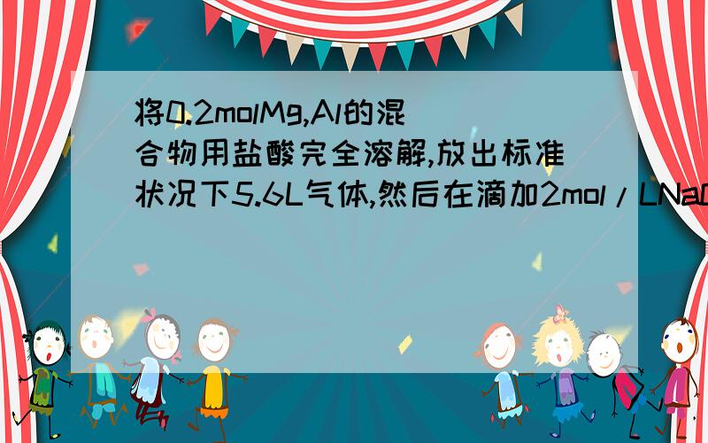 将0.2molMg,Al的混合物用盐酸完全溶解,放出标准状况下5.6L气体,然后在滴加2mol/LNaOH溶液