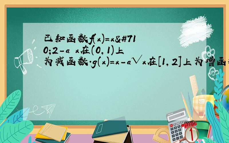 已知函数f(x)=xˆ2-a㏑x在(0,1)上为减函数.g(x)=x-a√x在[1,2]上为增函数 (1