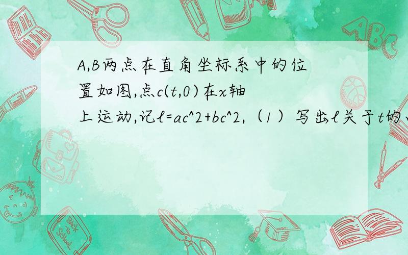 A,B两点在直角坐标系中的位置如图,点c(t,0)在x轴上运动,记l=ac^2+bc^2,（1）写出l关于t的函数解析式