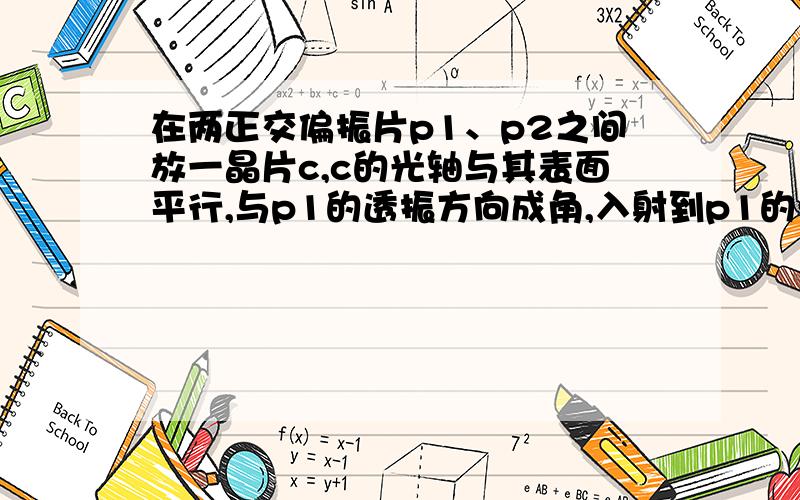 在两正交偏振片p1、p2之间放一晶片c,c的光轴与其表面平行,与p1的透振方向成角,入射到p1的光强为I问（1）透过p1