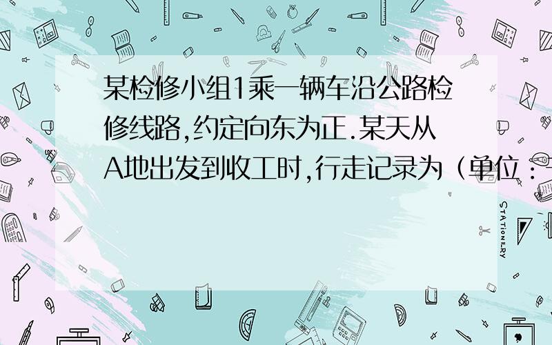 某检修小组1乘一辆车沿公路检修线路,约定向东为正.某天从A地出发到收工时,行走记录为（单位：千米）：