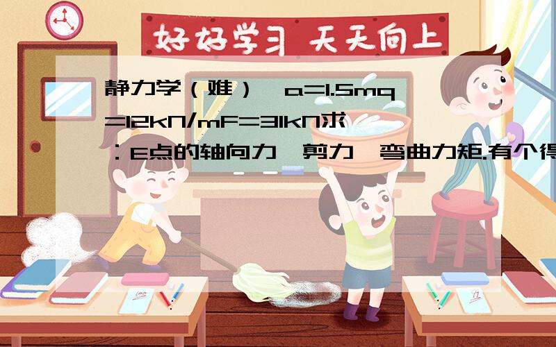 静力学（难）,a=1.5mq=12kN/mF=31kN求：E点的轴向力,剪力,弯曲力矩.有个得数就行,保留三位小数