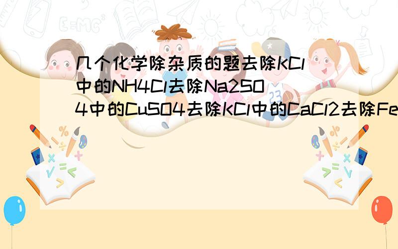 几个化学除杂质的题去除KCl中的NH4Cl去除Na2SO4中的CuSO4去除KCl中的CaCl2去除FeSO4中的Cu(