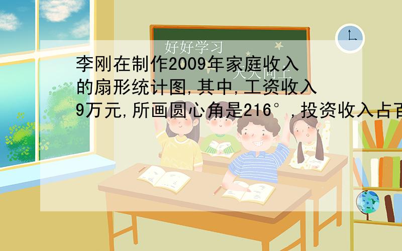 李刚在制作2009年家庭收入的扇形统计图,其中,工资收入9万元,所画圆心角是216°,投资收入占百分之20,