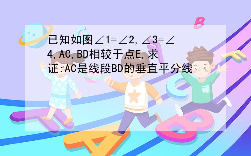 已知如图∠1=∠2,∠3=∠4,AC,BD相较于点E,求证:AC是线段BD的垂直平分线