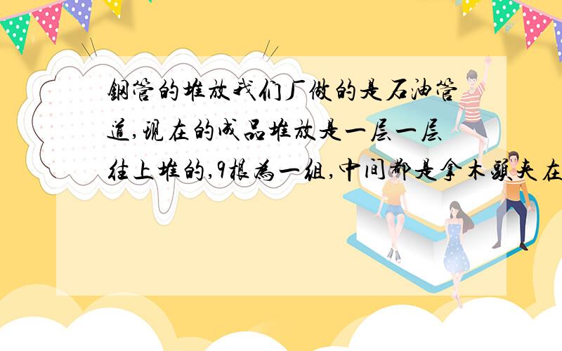 钢管的堆放我们厂做的是石油管道,现在的成品堆放是一层一层往上堆的,9根为一组,中间都是拿木头夹在中间,两旁根据实际的情况