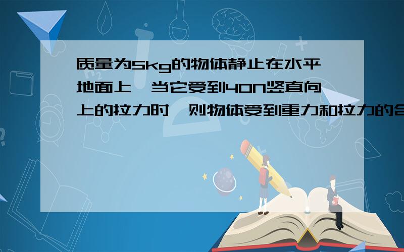 质量为5kg的物体静止在水平地面上,当它受到40N竖直向上的拉力时,则物体受到重力和拉力的合力为____N.