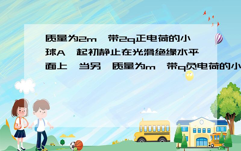 质量为2m、带2q正电荷的小球A,起初静止在光滑绝缘水平面上,当另一质量为m、带q负电荷的小球B以速度V0离A而去的同时