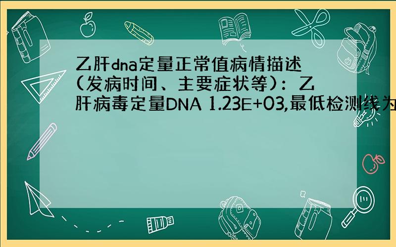 乙肝dna定量正常值病情描述(发病时间、主要症状等)：乙肝病毒定量DNA 1.23E+03,最低检测线为5.00E+02