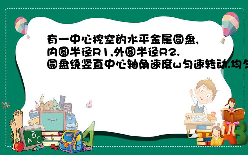 有一中心挖空的水平金属圆盘,内圆半径R1,外圆半径R2.圆盘绕竖直中心轴角速度w匀速转动.均匀磁场B方向