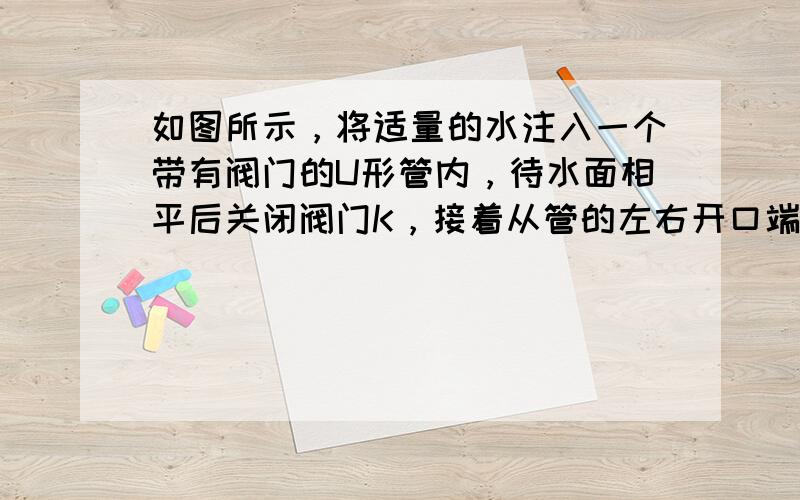 如图所示，将适量的水注入一个带有阀门的U形管内，待水面相平后关闭阀门K，接着从管的左右开口端分别向管内注入等质量的水和煤