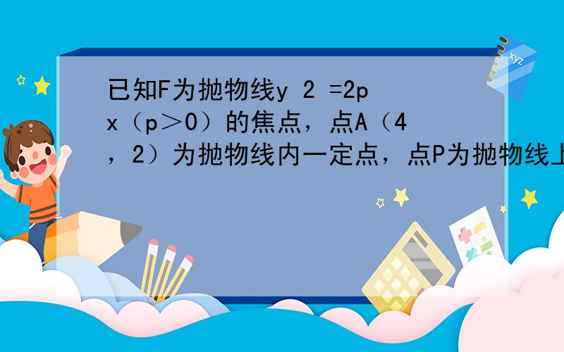 已知F为抛物线y 2 =2px（p＞0）的焦点，点A（4，2）为抛物线内一定点，点P为抛物线上一动点，|PA|+|PF|