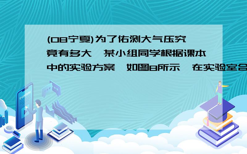 (08宁夏)为了佑测大气压究竟有多大,某小组同学根据课本中的实验方案,如图8所示,在实验室合作进行了如下实验：① 将蘸水