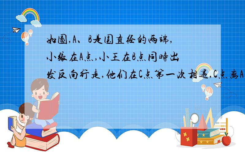 如图,A、B是圆直径的两端,小张在A点,小王在B点同时出发反向行走,他们在C点第一次相遇,C点离A点80米；