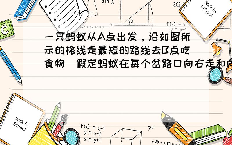 一只蚂蚁从A点出发，沿如图所示的格线走最短的路线去B点吃食物．假定蚂蚁在每个岔路口向右走和向下走的可能性相等，那么它所走