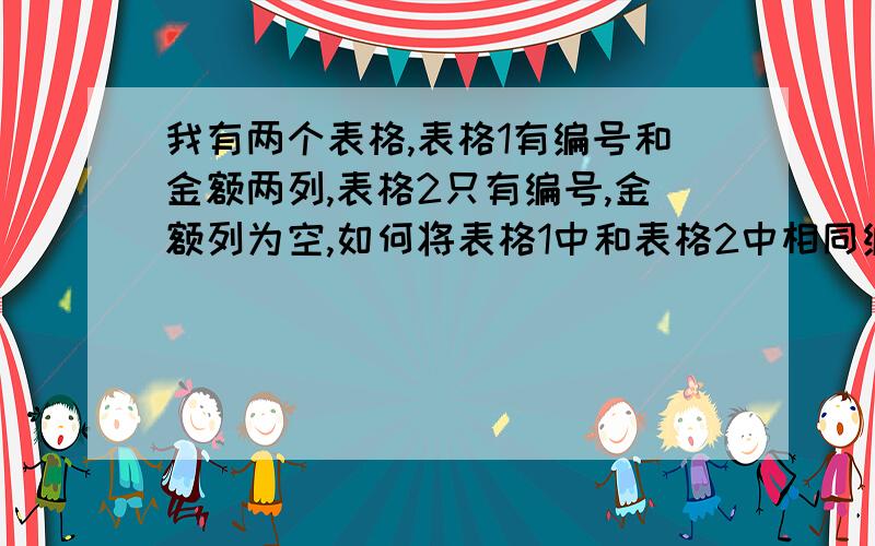 我有两个表格,表格1有编号和金额两列,表格2只有编号,金额列为空,如何将表格1中和表格2中相同编号后的金额引用到表格2中