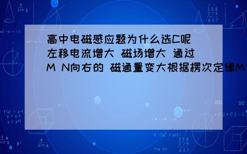 高中电磁感应题为什么选C呢 左移电流增大 磁场增大 通过M N向右的 磁通量变大根据楞次定律M N要反抗增大 根据条形磁