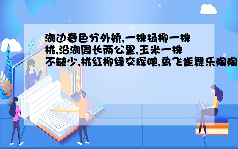 湖边春色分外娇,一株杨柳一株桃,沿湖周长两公里,玉米一株不缺少,桃红柳绿交辉映,鸟飞雀舞乐陶陶,漫步湖边赏春色,不知桃柳