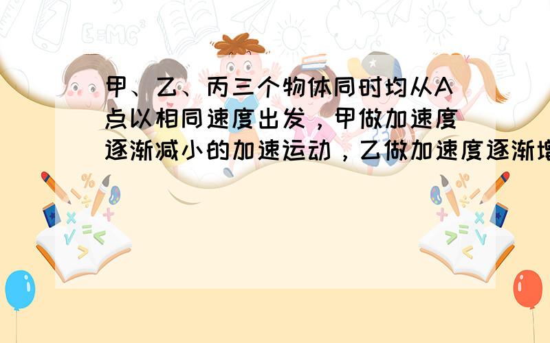 甲、乙、丙三个物体同时均从A点以相同速度出发，甲做加速度逐渐减小的加速运动，乙做加速度逐渐增大的加速运动，丙做匀加速运动