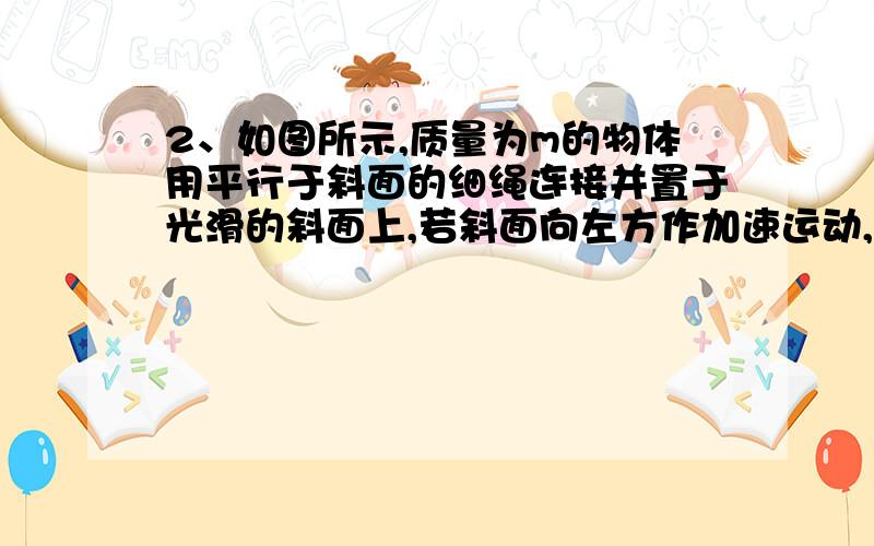 2、如图所示,质量为m的物体用平行于斜面的细绳连接并置于光滑的斜面上,若斜面向左方作加速运动,当物体刚脱离斜面时,它的加