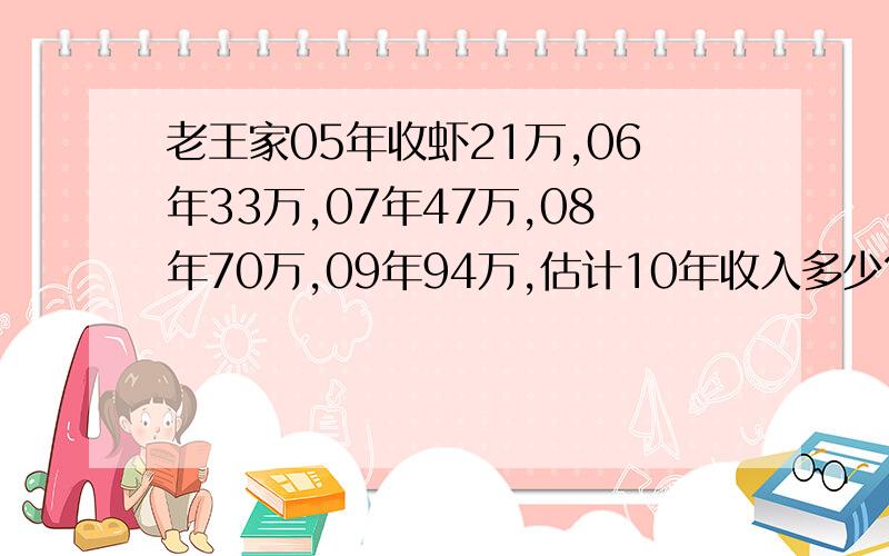 老王家05年收虾21万,06年33万,07年47万,08年70万,09年94万,估计10年收入多少?