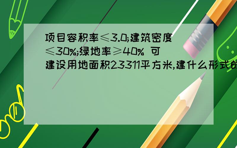 项目容积率≤3.0;建筑密度≤30%;绿地率≥40% 可建设用地面积23311平方米,建什么形式的住宅好,建筑面积