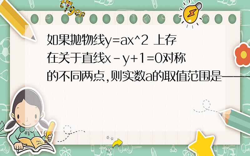 如果抛物线y=ax^2 上存在关于直线x-y+1=0对称的不同两点,则实数a的取值范围是————