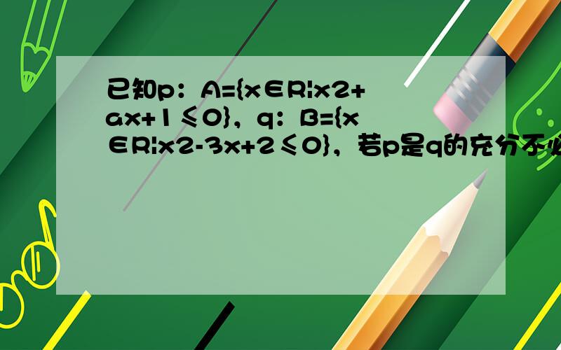 已知p：A={x∈R|x2+ax+1≤0}，q：B={x∈R|x2-3x+2≤0}，若p是q的充分不必要条件，求实数a的