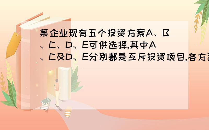 某企业现有五个投资方案A、B、C、D、E可供选择,其中A、C及D、E分别都是互斥投资项目,各方案的净现值详见下表.该企业